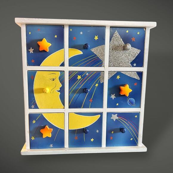 Vintage Wooden Moon and Stars Drawer Box Celestial Jewelry Organizer - Picture 2 of 8